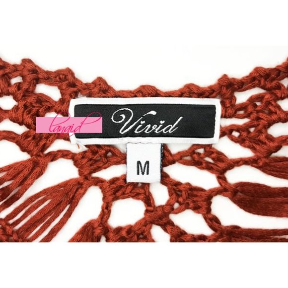 Vivid Importers Fringe Cover-Up Tunic Rust Off-The-Shoulder Crochet Cut-Outs M - Picture 6 of 9